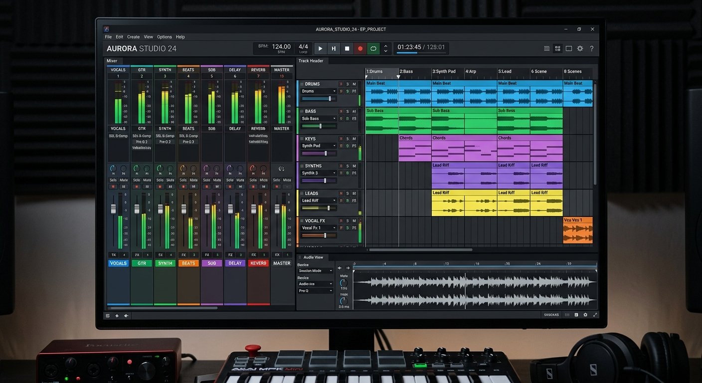 Ableton Live 12 DAW interface with session view clips