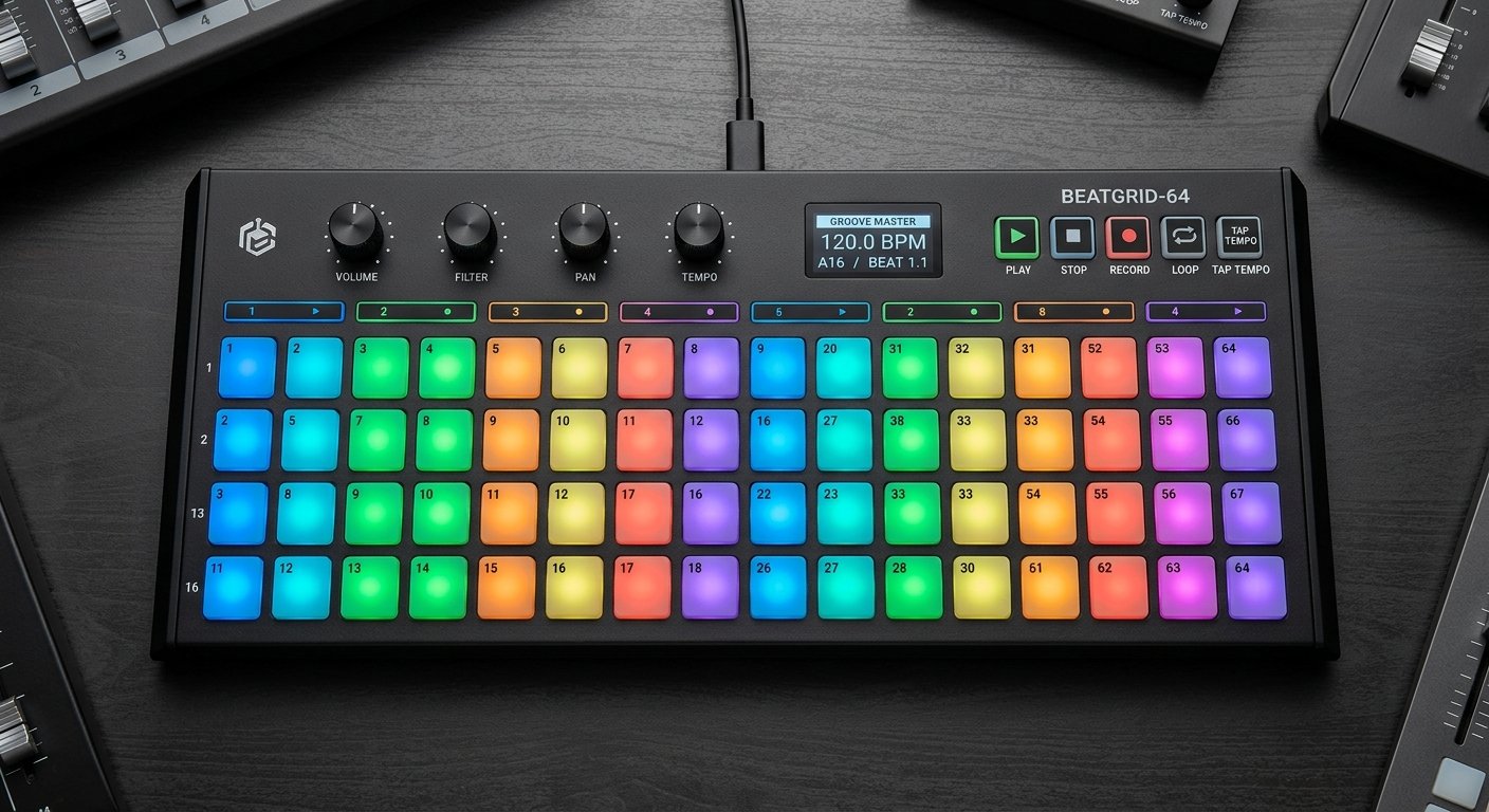 Akai Fire controller with 4x16 RGB pad grid built for FL Studio Step Sequencer