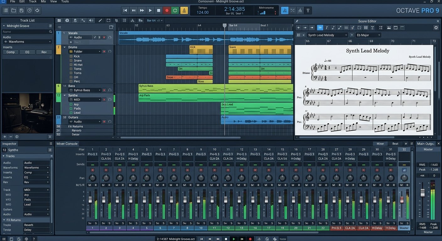 Cubase DAW interface with mixing console and score editor