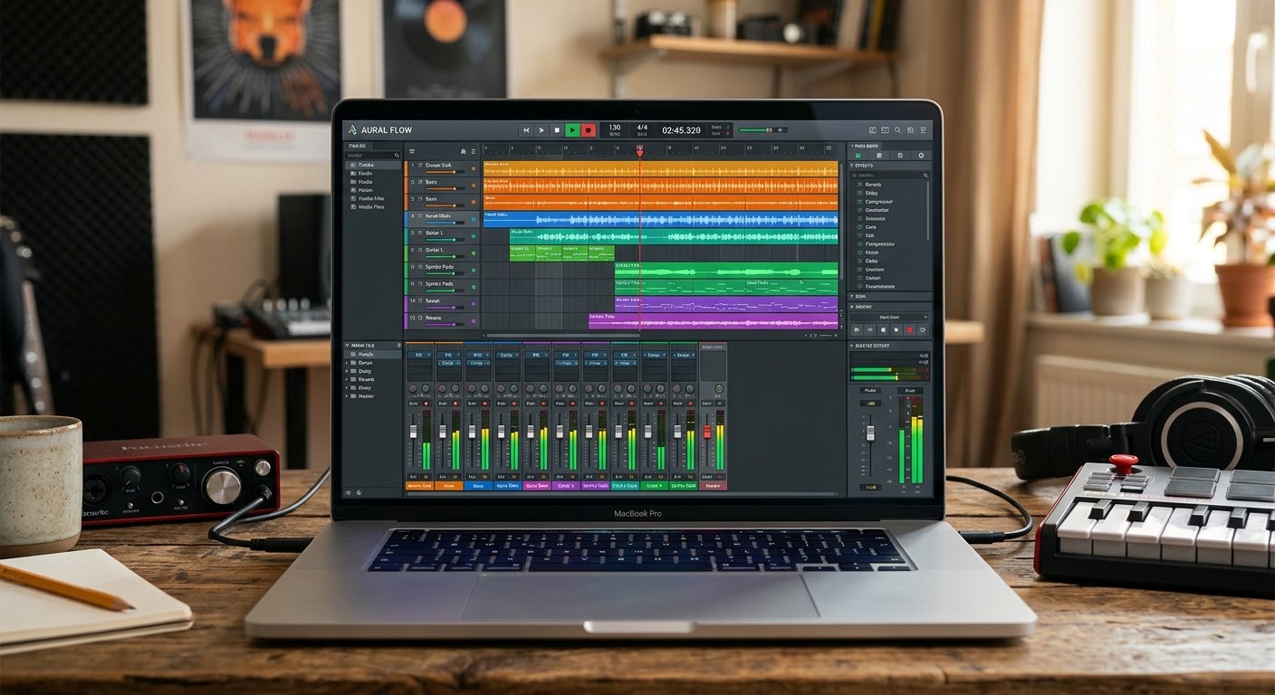 Digital audio workstation DAW music software interface with tracks and waveforms