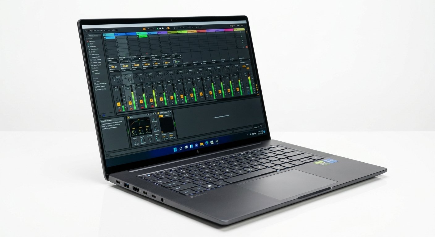 Dell XPS 16 premium Windows laptop running a DAW mixer