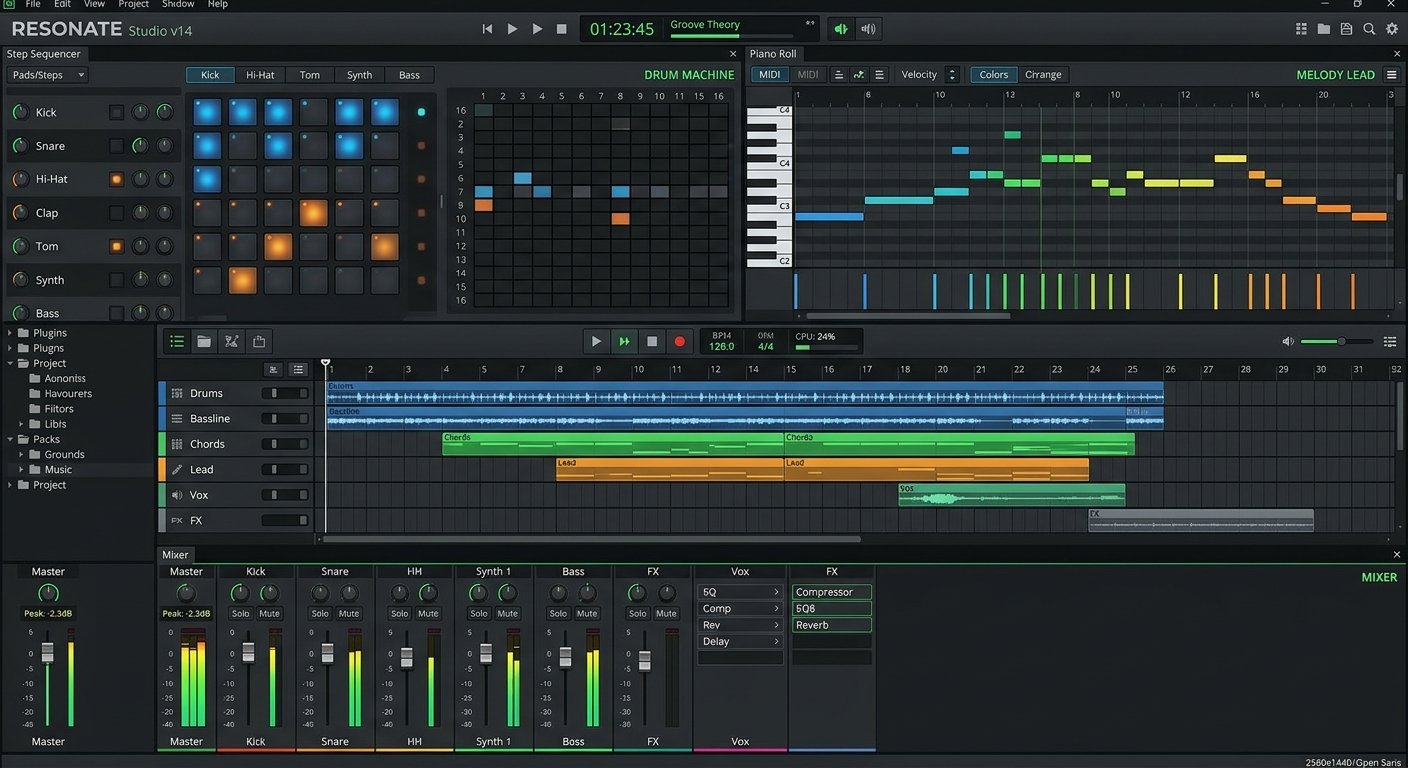 FL Studio DAW interface with step sequencer and piano roll
