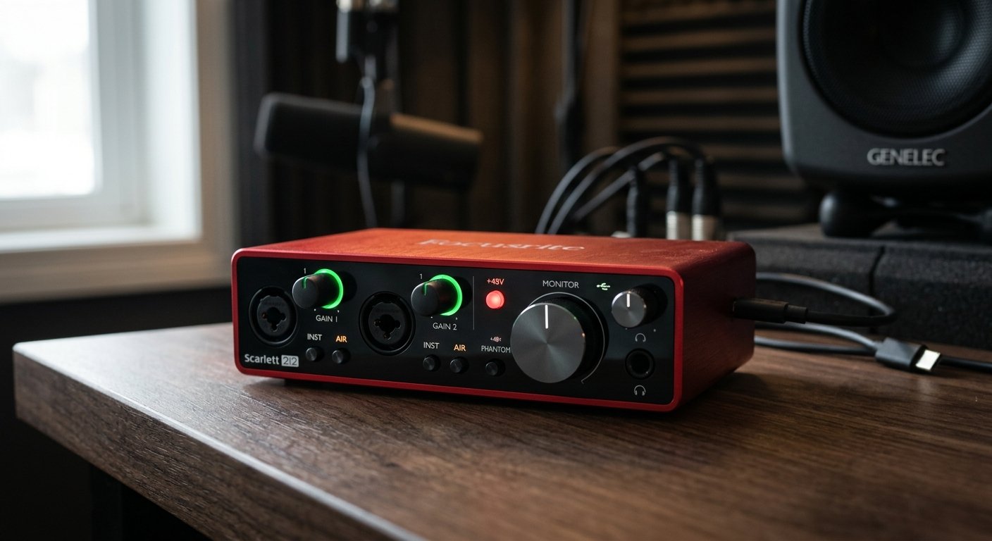 Focusrite Scarlett 2i2 4th Gen audio interface on a home studio desk