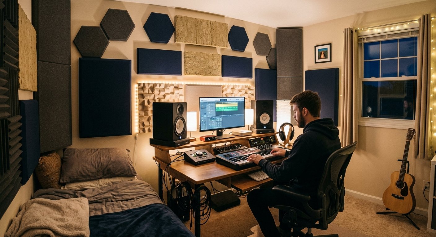 Small home studio room with acoustic treatment panels and studio monitors