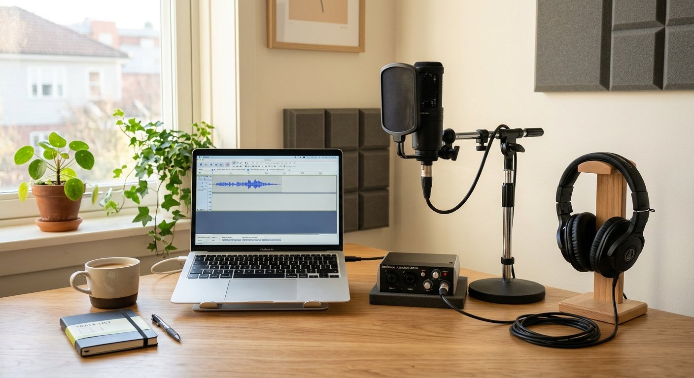 Affordable starter home studio with laptop, audio interface, microphone and headphones