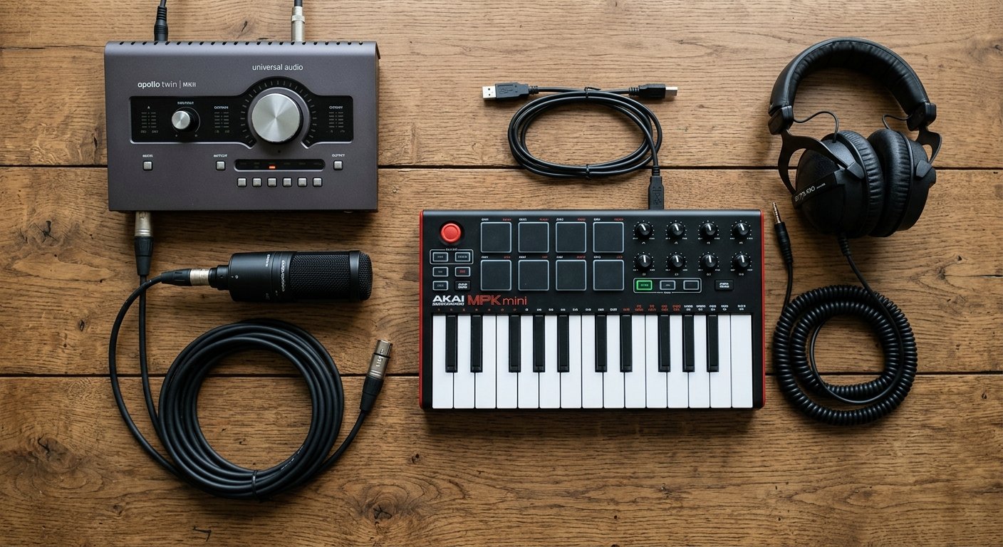 Essential home studio gear laid out including audio interface, microphone and headphones