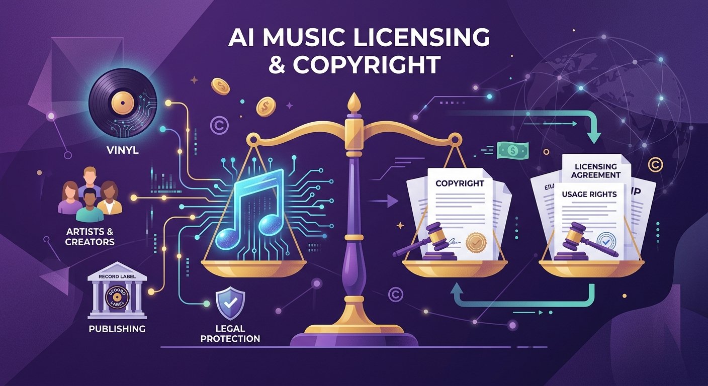 AI music licensing concept showing record label deals and copyright for Suno and Udio in 2026