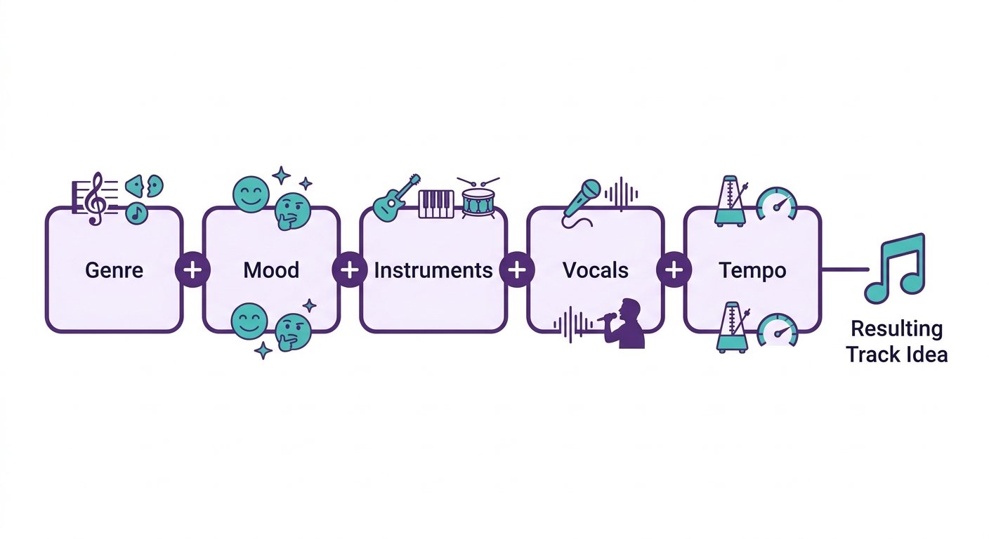 Diagram of the AI music prompt formula: genre plus mood plus instruments plus vocals plus tempo