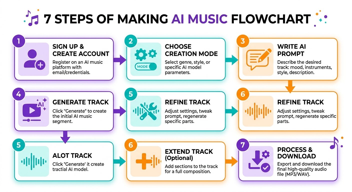 Step-by-step workflow diagram for making AI music: sign up, choose mode, write prompt, generate, refine, extend, process and download