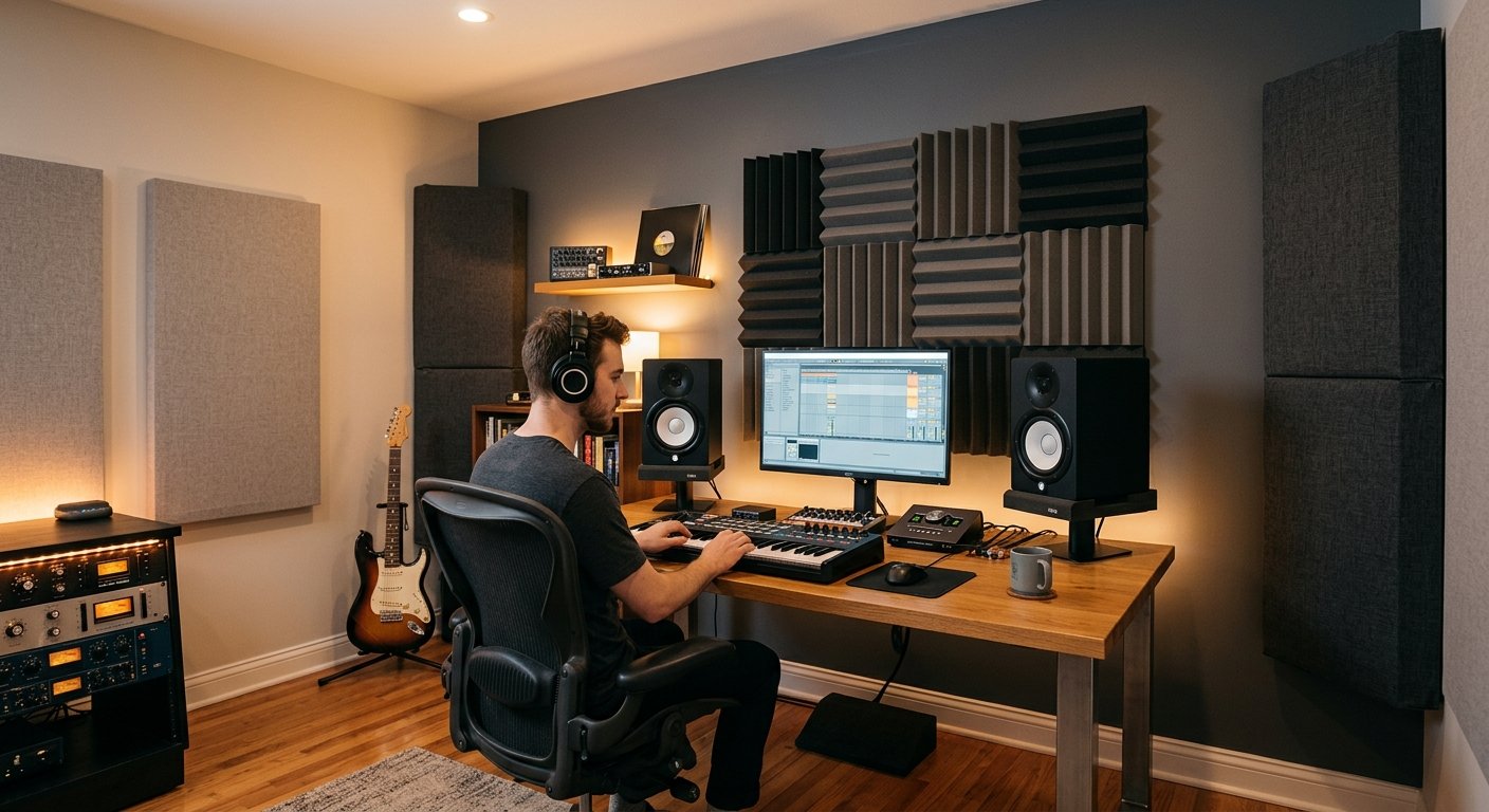 Home studio room with acoustic treatment panels and studio monitors positioned for accurate mixing