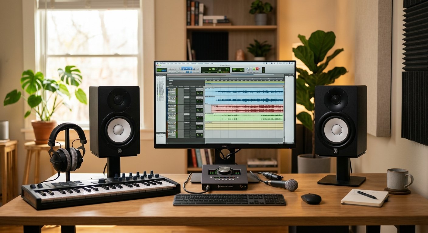 A pair of studio monitors on stands either side of a computer in a home studio desk setup