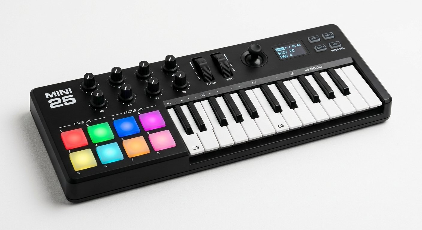 Akai MPK Mini MK4 compact 25-key MIDI controller with 8 drum pads and knobs