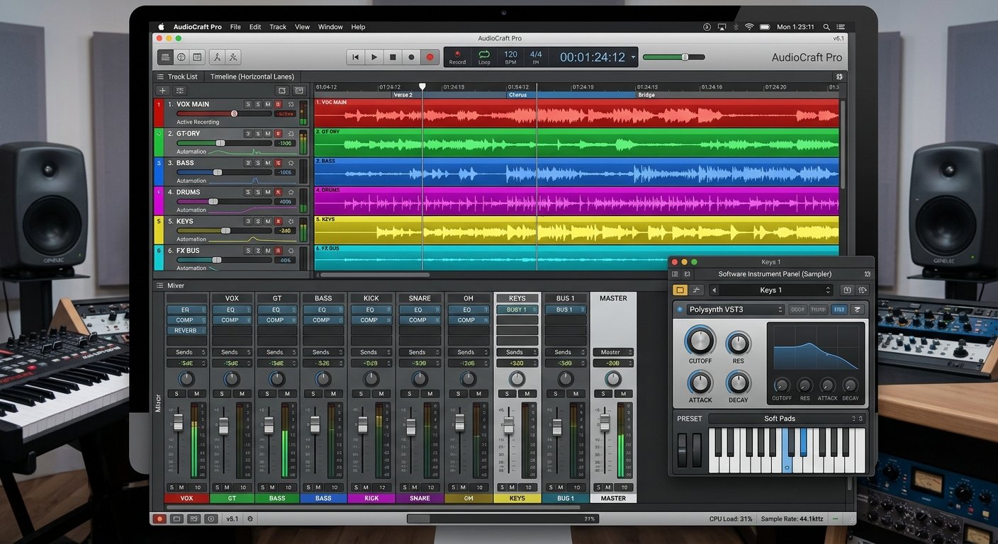 Logic Pro DAW interface on Mac with audio track lanes