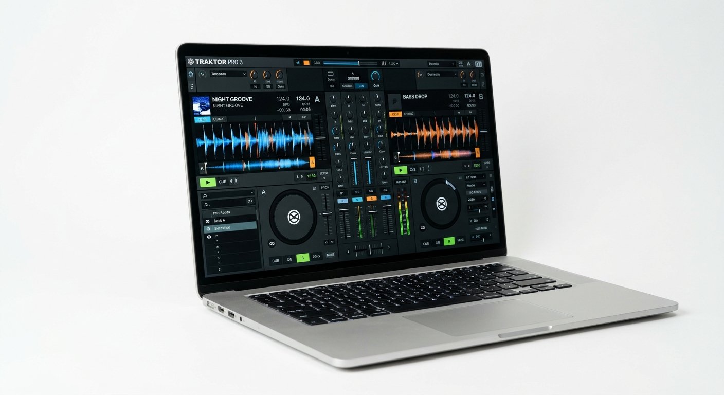 MacBook Air 15-inch M4 running DJ software with two decks