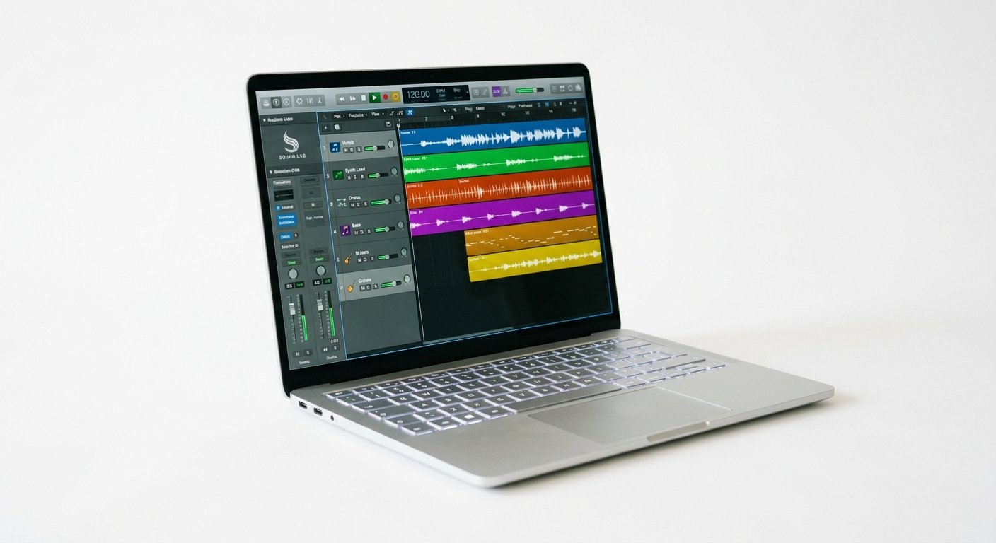 MacBook Pro M5 Pro laptop running a music production DAW session