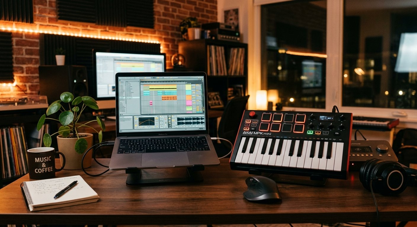 MIDI keyboard controller with pads and knobs on a home studio desk