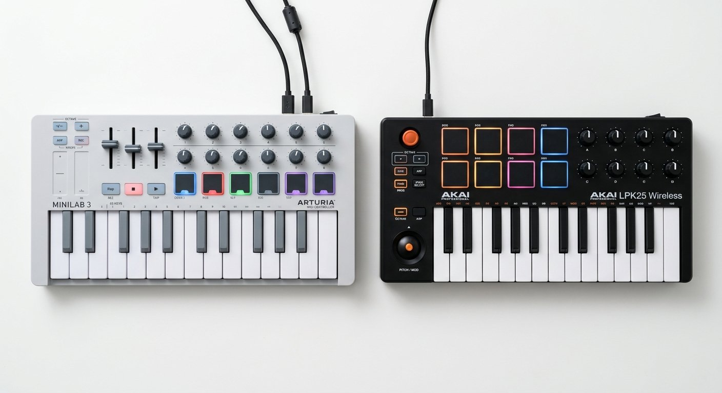 Arturia MiniLab 3 vs Akai MPK Mini MK4 compact MIDI controllers side by side