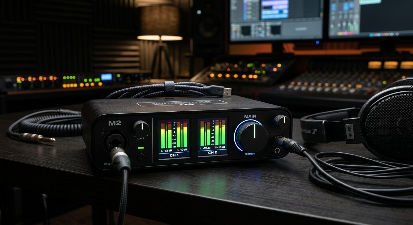 MOTU M2 audio interface with LCD meters for home studio