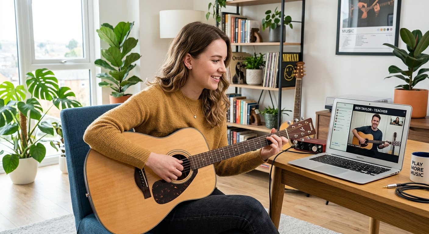 Person taking an online guitar lesson at home with a laptop and acoustic guitar