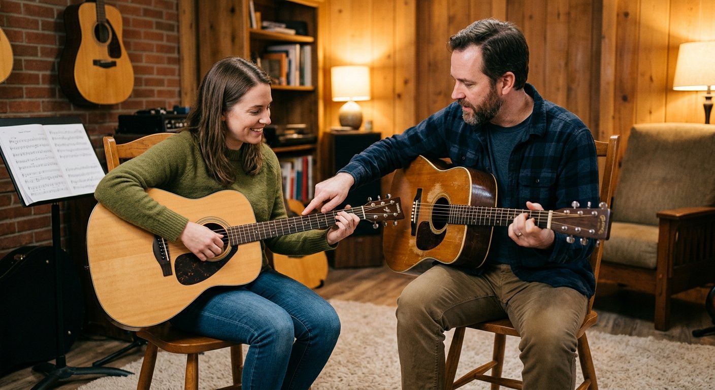 Private guitar lesson with a teacher showing fretboard positions to a student