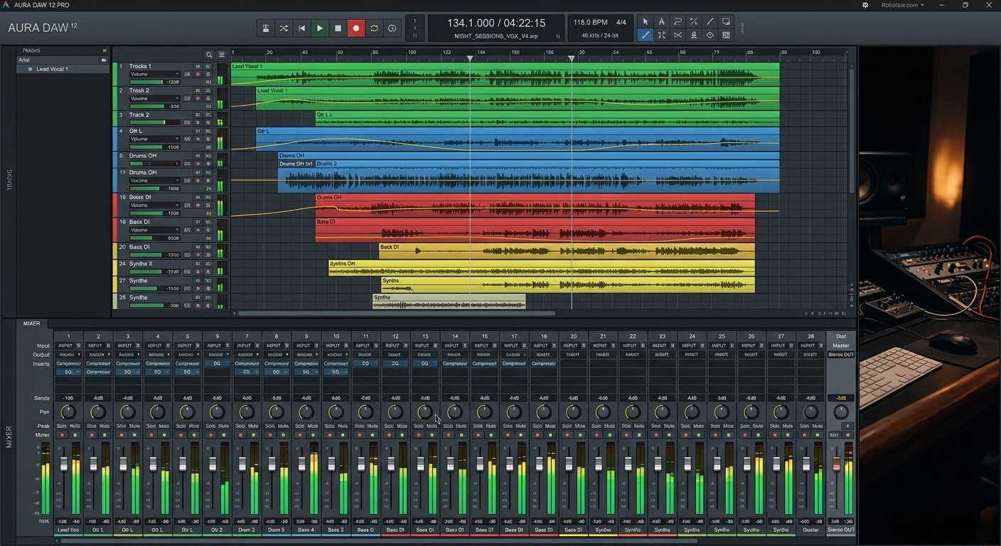 Pro Tools DAW interface with multiple audio track lanes