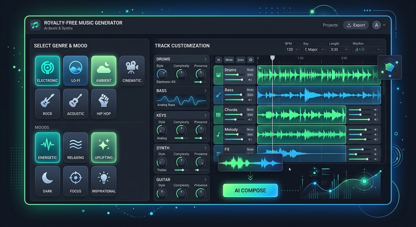 Soundraw royalty-free AI background music generator with mood and genre controls