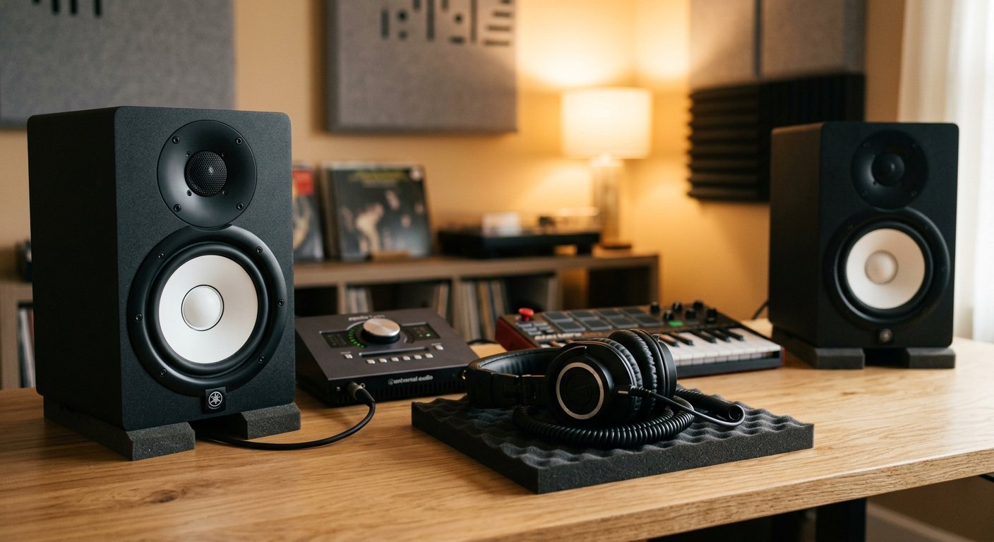 Closed-back studio headphones next to studio monitor speakers on a desk