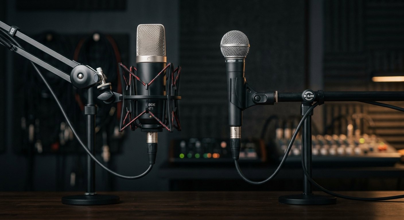 Condenser and dynamic studio microphones side by side for home recording
