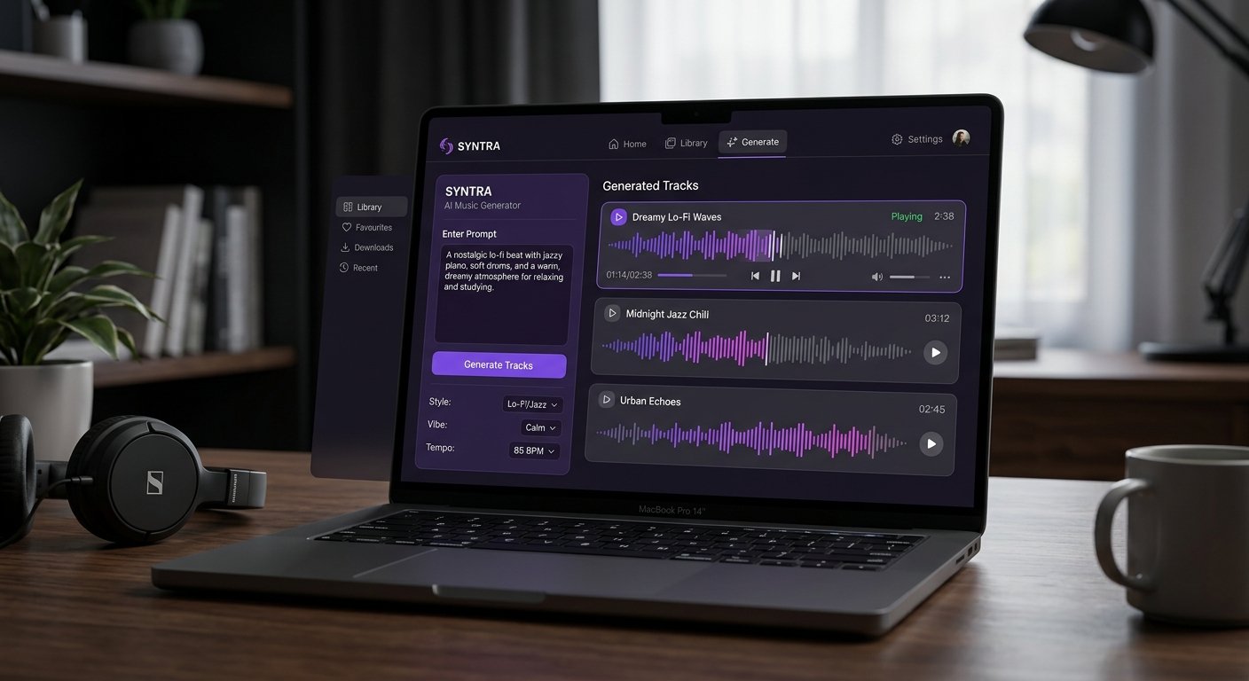 Suno AI music generator interface creating a full song from text