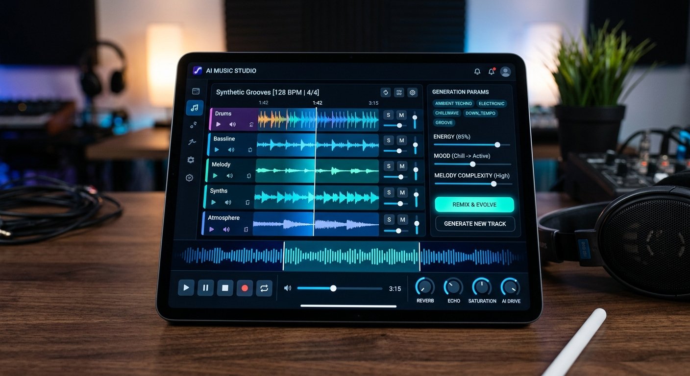 Udio AI music app with genre tags and remix controls