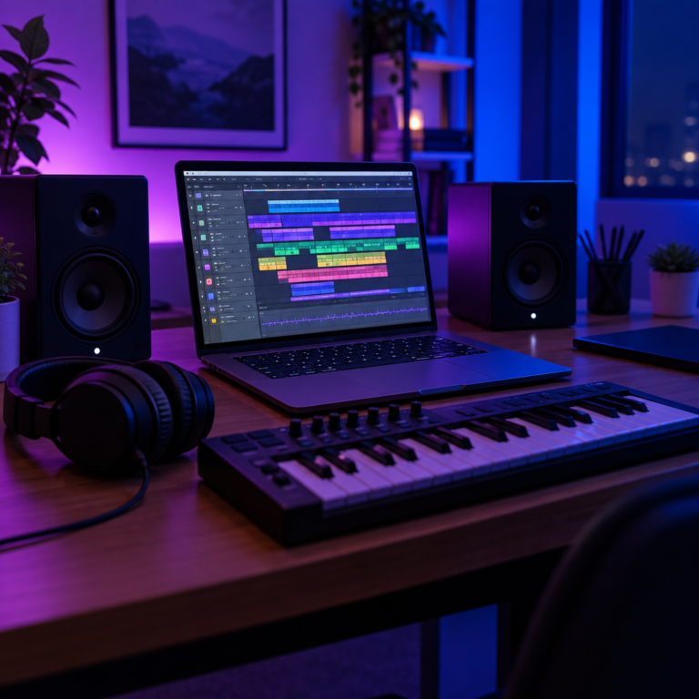 Beginner home studio desk with a laptop running a DAW, a small MIDI keyboard, headphones and studio monitors