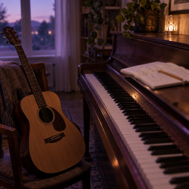 Acoustic guitar beside an upright piano with a songwriting notebook on top