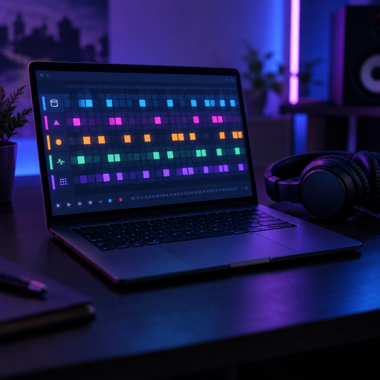 Laptop showing a beat-making step sequencer pattern next to headphones on a dark desk