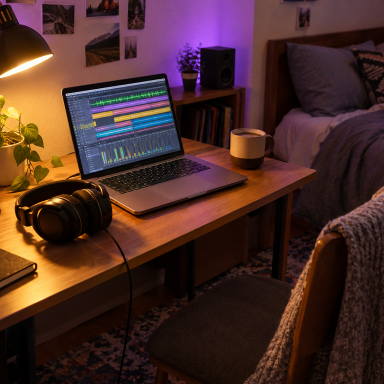 Simple budget bedroom music setup with a laptop running free music software and a pair of headphones