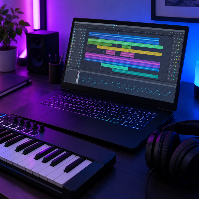Windows laptop running music production software with a MIDI keyboard and headphones on the desk