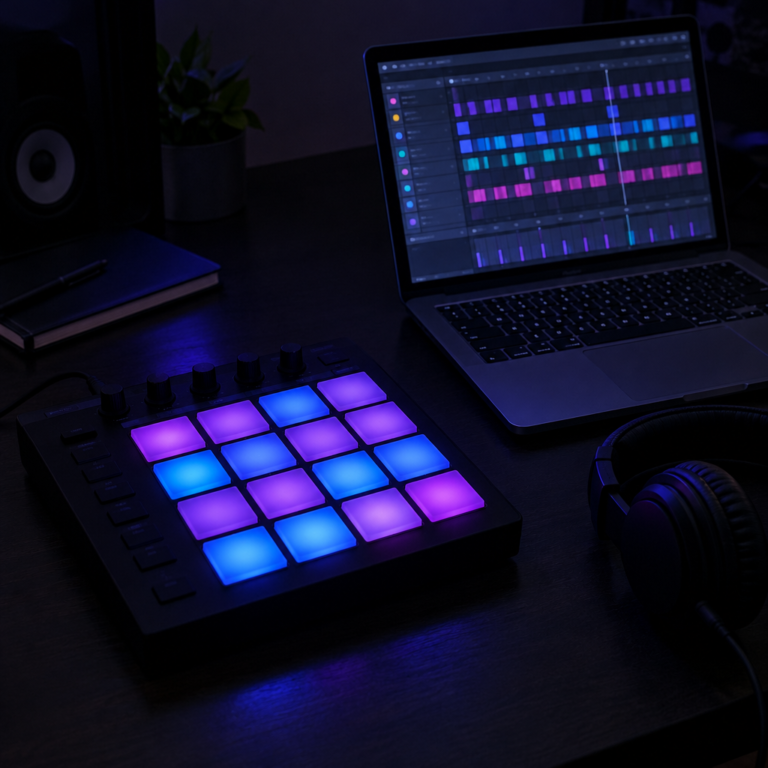 Drum pad controller with glowing pads next to a laptop showing a drum pattern