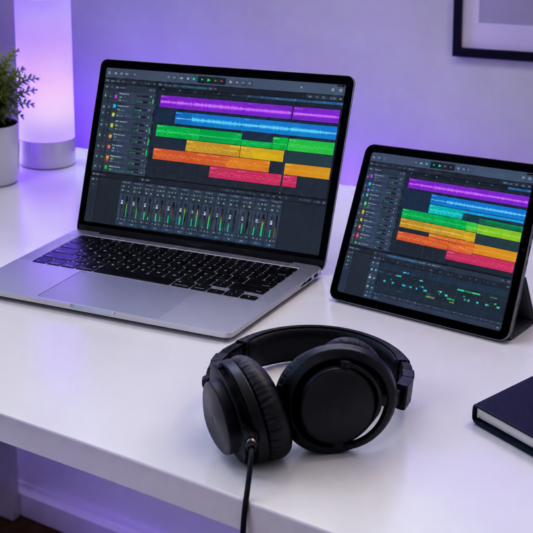 Laptop and tablet side by side running music production software with studio headphones