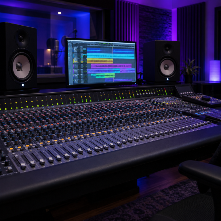 Mixing room with a large mixing desk, studio monitors and a screen showing a song's tracks
