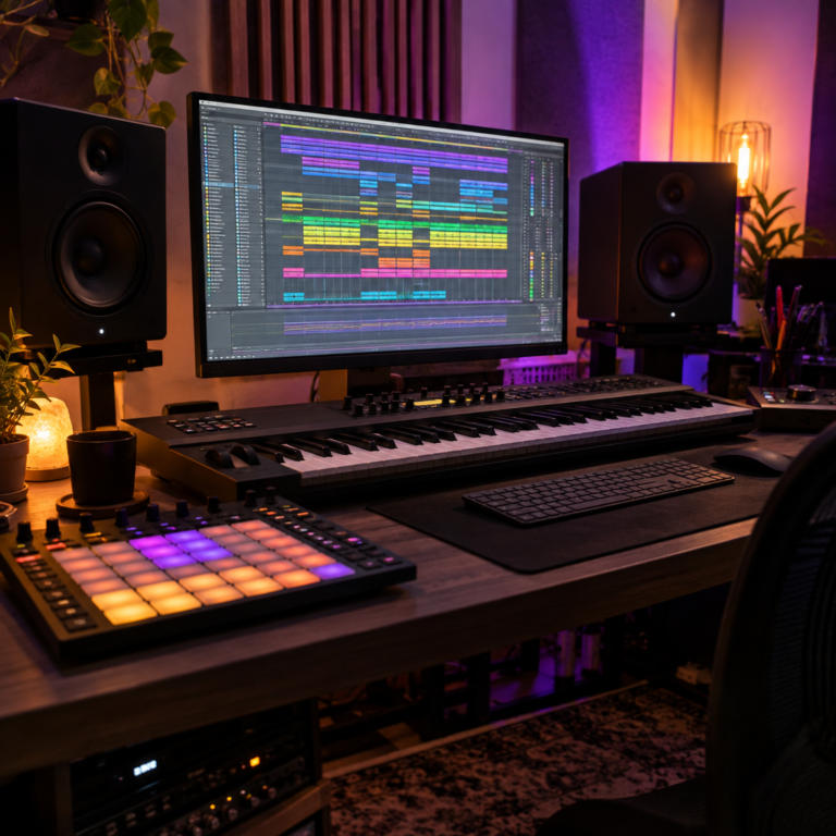 Music producer's workstation with a song arrangement on screen, MIDI keyboard, drum pads and studio monitors