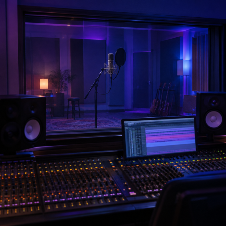 Recording studio control room with a mixing desk, looking through the glass at a vocal microphone in the live room
