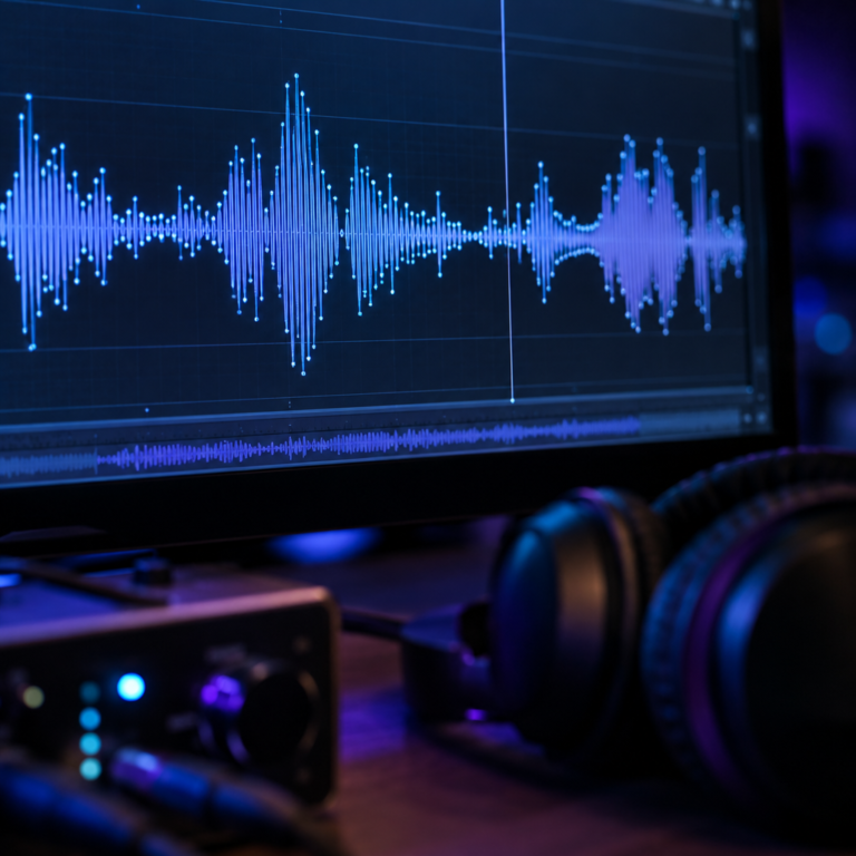 Zoomed-in digital audio waveform on a monitor showing individual samples