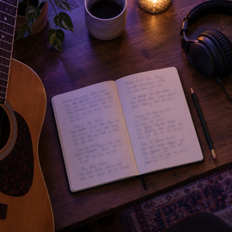 Songwriter's desk with an open notebook, pencil, acoustic guitar and headphones
