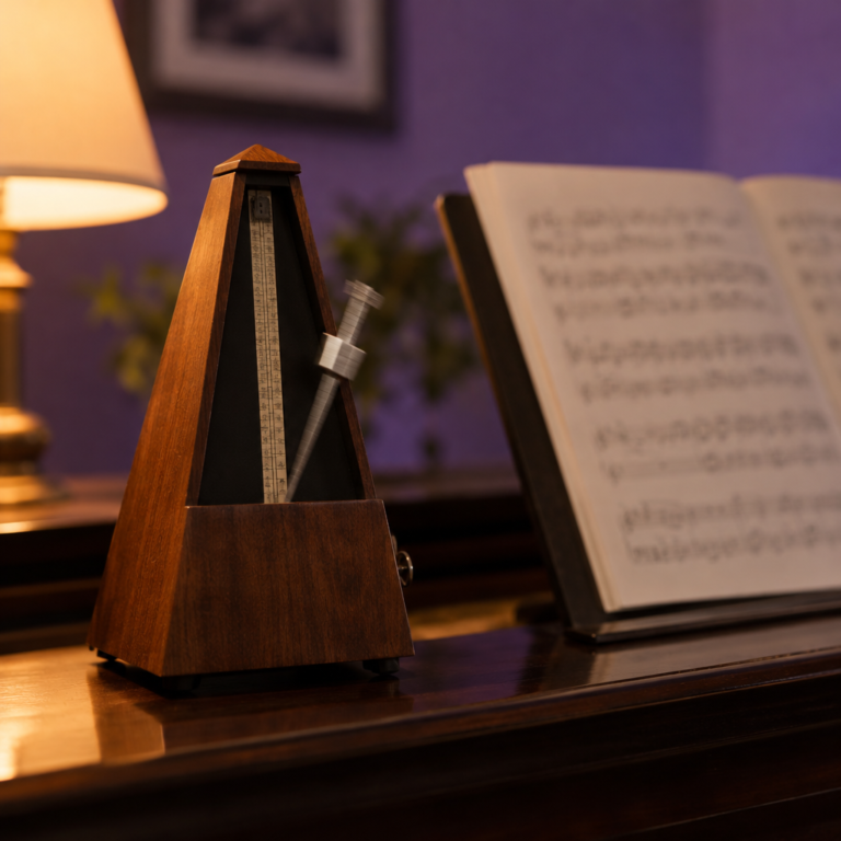 Wooden pyramid metronome next to sheet music on a piano stand