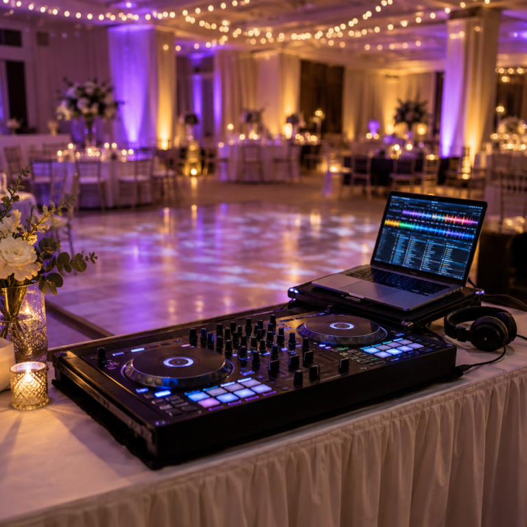 Wedding reception DJ booth with a DJ controller and laptop, uplighting and a dance floor behind