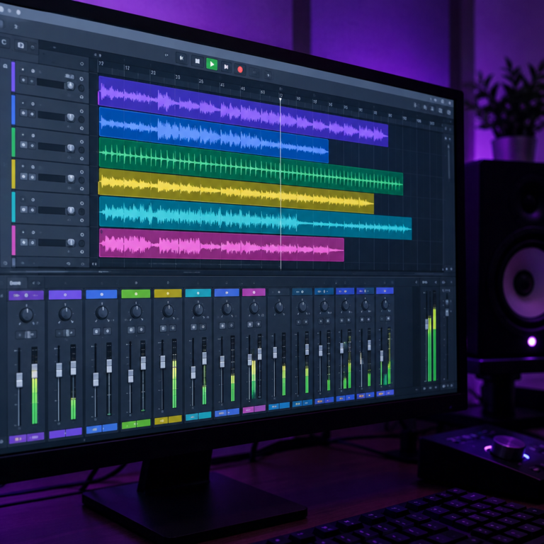 Monitor showing a DAW with a multitrack timeline of audio waveforms and mixer faders