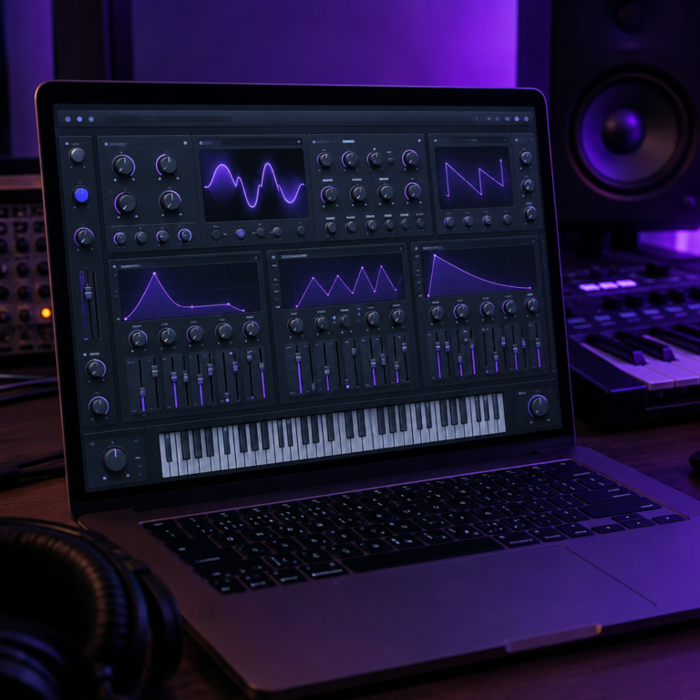 Laptop screen showing a software synthesizer plugin with knobs and waveform displays
