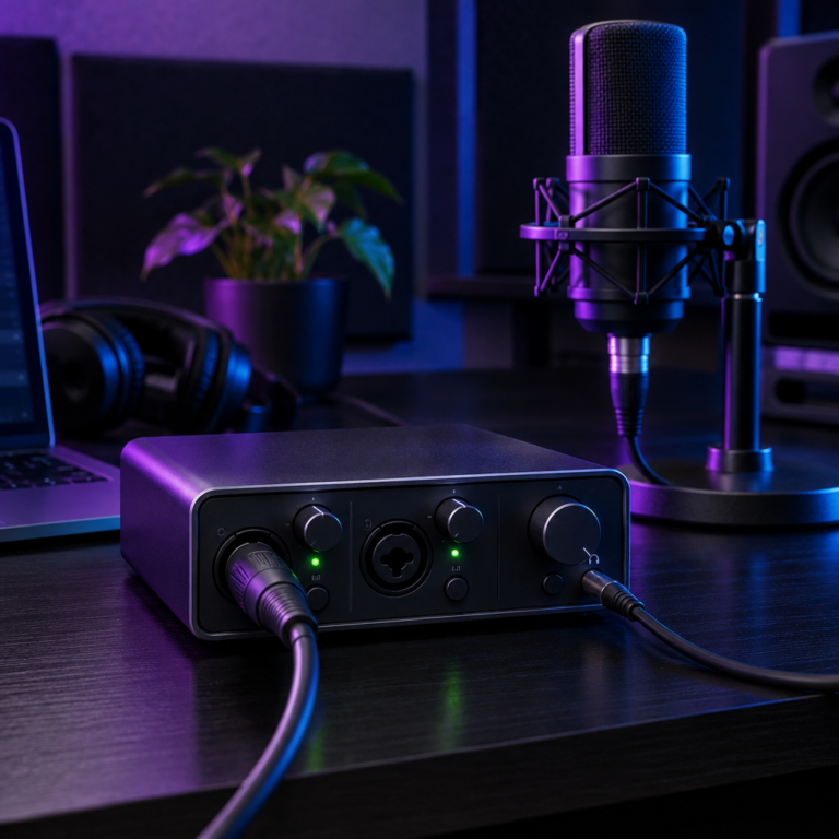 Two-input USB audio interface with an XLR cable plugged in and a condenser microphone behind it
