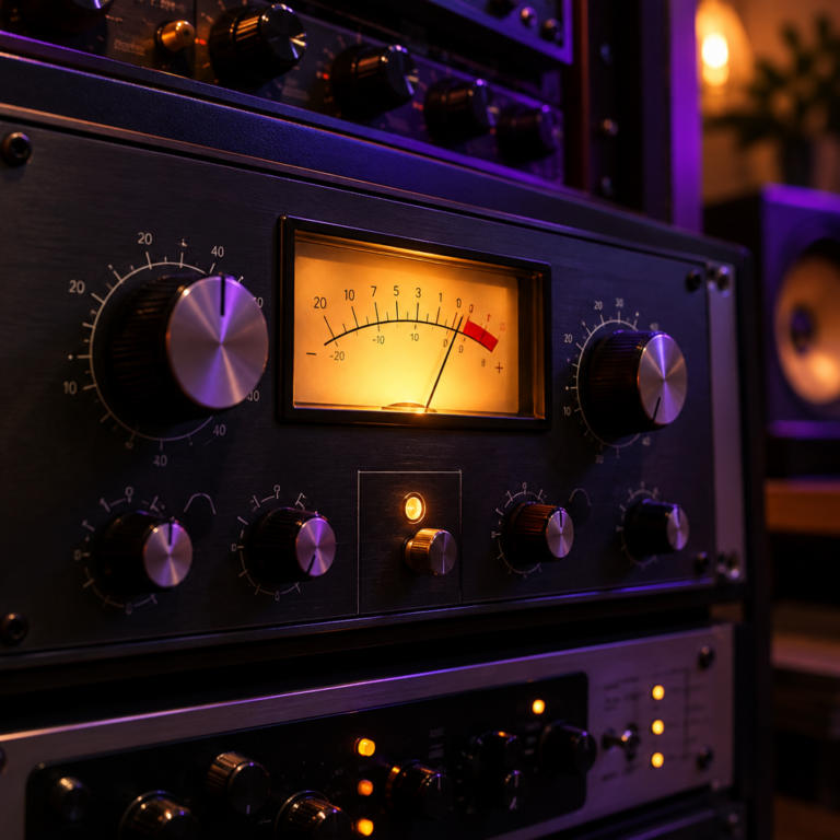 Hardware audio compressor in a studio rack with an illuminated VU meter