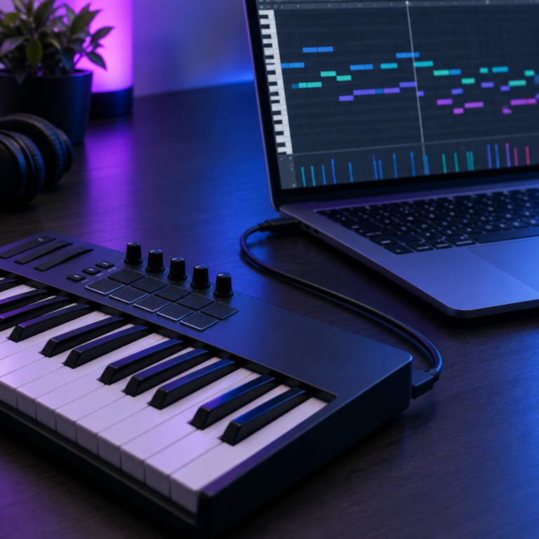 MIDI keyboard controller connected by USB to a laptop showing notes in a piano roll